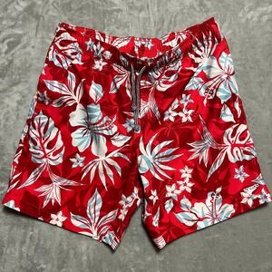 Speedo Men's Swim Trunks Floral Print Elastic Waist Drawstring Red Large